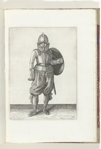 O exercício com escudo e lança: o soldado traz o escudo de volta às costas com o braço esquerdo (n.º 26), 1618
De Nassausche Wapen-Handelinge, van Schilt, Spies, Rappier ende Targe : beyde figuerlick afgebebeelt, ende gestelt na de nieuwe ordening [van] (