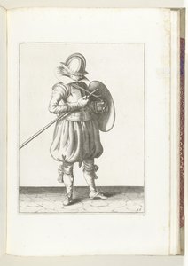 O exercício com escudo e lança: o soldado segura a lança e o escudo perto do corpo (n.º 15), 1618
De Nassausche Wapen-Handelinge, van Schilt, Spies, Rappier ende Targe : beyde figuerlick afgebebeelt, ende gestelt na de nieuwe ordening [van] (...) Mauritân de Adam van Breen