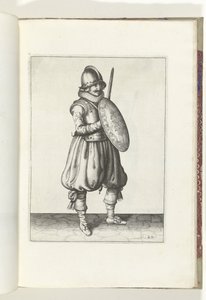 O exercício de escudo e espiga: o soldado em atenção com sua espada e escudo na frente do peito (nº 20), 1618 De Nassausche Wapen-Handelinge, van Schilt, Spies, Rappier and the Targe : beyde figuerlick retratado, final emoldurado após a nova ordem [de] (.
