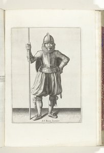 O exercício com escudo e lança: o soldado em repouso com a lança na mão e o escudo nas costas (n.º 1), 1618
De Nassausche Wapen-Handelinge, van Schilt, Spies, Rappier ende Targe : beyde figuerlick afgebebeelt, ende gestelt na de nieuwe ordening [van] ( de Adam van Breen