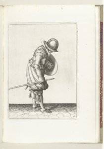 O exercício de escudo e espiga: o soldado coloca o espinho no chão ao lado de seu pé direito (nº 16), 1618 O Nassausche Wapen-Handelinge, van Schilt, Spies, Rappier and the Targe: beyde figuerlick retratado, e o emoldurado após a nova ordem [de] (...) M de Adam van Breen