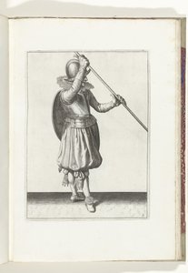 O exercício com escudo e lança: o soldado segurando a lança na diagonal com a mão direita na cabeça e o escudo na parte de trás (n.º 3), 1618
De Nassausche Wapen-Handelinge, van Schilt, Spies, Rappier ende Targe : beyde figuerlick afgebebeelt, end de Adam van Breen