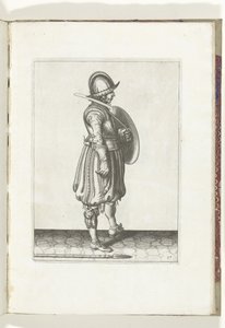 O exercício com escudo e lança: o soldado com o escudo pronto e a lança no chão ao lado do seu pé direito (nº 17), 1618
De Nassausche Wapen-Handelinge, van Schilt, Spies, Rappier ende Targe : beyde figuerlick afgebebeelt, ende gestelt na de nieuwe ou