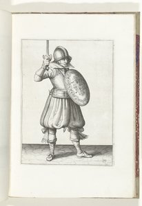 O exercício de escudo e espiga: o soldado apresenta sua espada com a mão não mais alta que seu rosto (nº 19), 1618 O Nassausche Wapen-Handelinge, van Schilt, Spies, Rappier and the Targe: beyde figuerlick retratado, e o emoldurado após a nova ordem