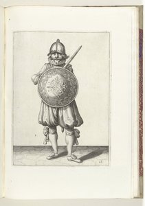O exercício de escudo e espiga: o soldado em repouso, sua espada descansando no ombro esquerdo atrás do escudo (nº 23), 1618 O Nassausche Wapen-Handelinge, van Schilt, Spies, Rappier and the Targe: beyde figuerlick retratado, final emoldurado após o n de Adam van Breen