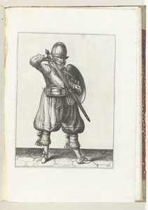 O exercício de escudo e espiga: o soldado reembainhando sua espada (nº 24), 1618 O Nassausche Wapen-Handelinge, van Schilt, Spies, Rappier and the Targe: beyde figuerlick retratado, e emoldurado após a nova ordem [de] (...) Maurits van