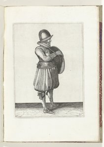 O exercício com escudo e lança: o soldado puxa o braço do cinto do escudo (n.º 25), 1618
De Nassausche Wapen-Handelinge, van Schilt, Spies, Rappier ende Targe : beyde figuerlick afgebebeelt, ende gestelt na de nieuwe ordening [van] (...) Maurits de Adam van Breen