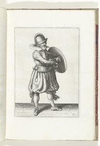 O exercício com escudo e lança: o soldado tira o seu espadim de trás do seu escudo (n.º 18), 1618
De Nassausche Wapen-Handelinge, van Schilt, Spies, Rappier ende Targe : beyde figuerlick afgebebeelt, ende gestelt na de nieuwe ordening [van] (...) Maurits  de Adam van Breen