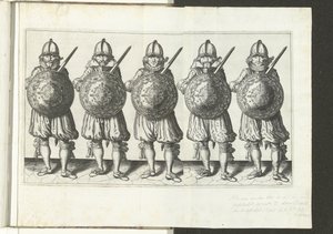 O exercício de escudo e espiga: cinco soldados em pé lado a lado em linha com o florete na mão direita e o escudo na frente do peito (nº 32), 1618 O Nassausche Wapen-Handelinge, van Schilt, Spies, Rappier andde Targe: beyde figuerlick retratado de Adam van Breen