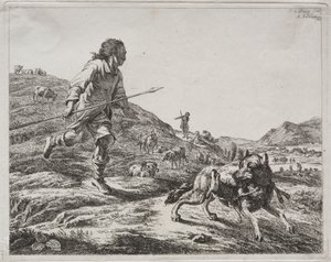 Pastor perseguindo um lobo de Adam von Bartsch