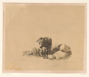 Pavimento de pé em frente de um cão reclinável e de um homem adormecido
Seis estampas após desenhos de Adam von Bartsch na colecção de Heinrich Xaver Ritter von Hauer (título da série)
Six estampes gravées par Adam de Bartsch d