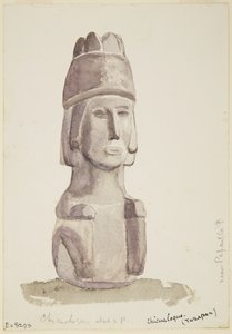 Estátua de pedra de 2 pés de altura de uma cabeça humana de Chicualoque , perto de Papantla (aguarela) de Adela Breton