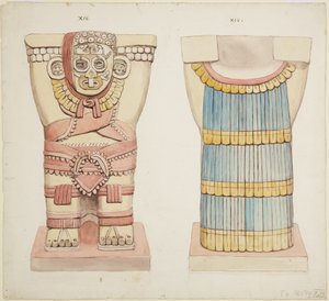 Caryatid XIV da câmara exterior, Templo Superior dos Jaguares (Templo A), Grande Corte de Bolas, Chichen Itza, México (aquarela) de Adela Breton