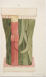 Caryatid da câmara exterior, Templo A, Templo do Tribunal de Bolas, Chichen Itza, México (aguarela) de Adela Breton