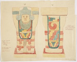 Caryatid da câmara exterior, Templo Superior dos Jaguares (Templo A), quadra de bolas, Chichen Itza (aquarela) de Adela Breton