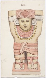 Caryatid da câmara exterior, templo A, quadra de bolas, Chichen Itza, México (aquarela) de Adela Breton
