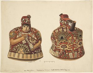 Recipiente com uma figura humana de um lado e um bico atrás da cabeça De Nazca, Peru (aquarela) de Adela Breton