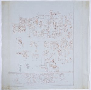 Cópia de um mural completo da parede oeste, Upper Temple of the Jaguars, Chichen Itza, México Câmara interna da parede oeste Desenhado em tinta vermelha (tinta vermelha e preta e grafite)