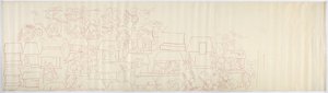 Cópia de um traçado de uma pintura de parede do painel sul da parede oeste, templo interior, Templo Superior dos Jaguares, Chichen Itza, México (tinta vermelha) de Adela Breton