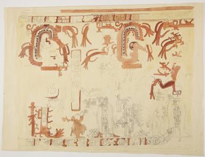 Desenho a partir de um Belize (ex-British Honduras) Design inclui figuras humanas e serpentes emplumadas (aguarela) de Adela Breton