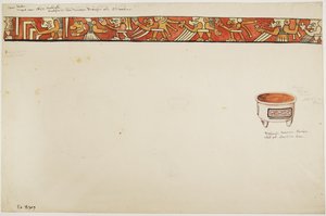 Borda interna de um vaso de tripé (que retrata figuras grotescas) e um vaso branco com desenhos contidos em retângulos (aquarela) de Adela Breton