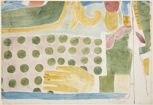 Pintura de parte de um mural que representa o sacrifício humano por cima da porta interior, câmara interior, Templo Superior dos Jaguares, Chichen Itza (aguarela) de Adela Breton