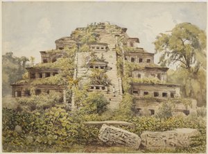 Pintura de templo em ruínas (Pirâmide dos Nichos) em El Tajin, Papantla, México (aguarela)