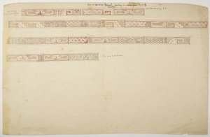 Ruínas/relevos de pedra no Templo em Uxmal, México Friso de representação (aguarela) de Adela Breton