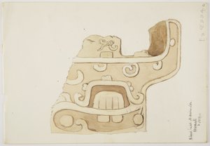Ruínas/relevos de pedra no Templo em Uxmal, México Representando parte da escultura em pedra (aguarela) de Adela Breton