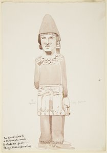 Estátua de Teayo, norte de Veracruz, México Mostra estátua de pedra com figura masculina usando kilt (aquarela) de Adela Breton