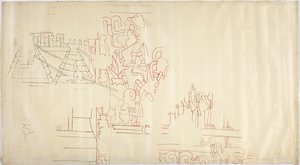 Traçado de uma pintura de parede da Casa de Monjas, Chichen Itza, México Traçado e tintado em tinta preta e vermelha (tinta vermelha e preta e grafite) de Adela Breton