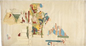 Traçado de uma pintura de parede da Casa de Monjas, Chichen Itza, México Traçado de uma abóbada em câmara grande Traçado com tinta preta e pintado com aguarela Traçado completo da metade norte do mural (aguarela, cor de corpo, grafite)