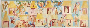 Traçado de uma pintura de parede da parede sul, câmara interior, Templo Superior dos Jaguares, Grande Corte de Bolas em Chichen Itza, México (aquarela e corpinho) de Adela Breton
