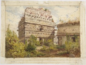 Uins de Chichen Itza, Yucatan, México Retrata a fachada oeste da Iglesia (aquarela)