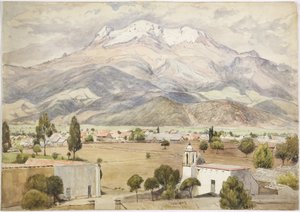 Aldeia em primeiro plano e montanhas atrás (aguarela) de Adela Breton