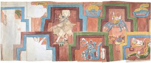 Cópia aquarelada da fachada em estuque do templo na pirâmide em Acanceh Escala completa Duas filas de figuras dentro de uma moldura escalonada Figuras 6-11 (aquarela) de Adela Breton