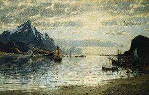 Uma cena de fiorde com embarcações à vela,