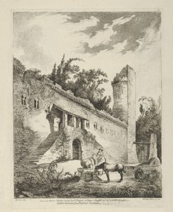 Vista de um antigo castelo localizado no caminho de Roma para Nápoles de Differentes vue..., século XVIII. de Adélaide Allou