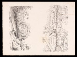 Aldeia da tribo Stang, Sarawak, Bornéu; e uma ponte de postes sobre um rio de West Indies, North American and Borneo scrapbook, c.1845 (litografia) de Admiral Sir Edward Gennys Fanshawe