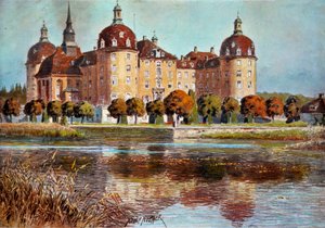 Vista do castelo de Moritzbourg Gravuras de Adolphe Nother (1855-?) Século XIX Paris, artes decorativas de Adolf Noether