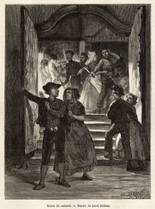 Uma cena de cabaré, um casal deixa a cena, enquanto um homem as ameaça com uma faca, segurada por duas mulheres; enquanto outro casal as enfrenta ao entrar no cabaré, gravando depois do desenho de Adolf Dillens, ilustrando uma viagem a Zelande (Neerlande),