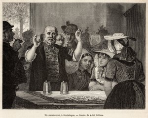 Um retractor, numa estalagem em Kruiningen, faz o seu número diante de espectadores atentos, gravado após o desenho de Adolf Dillens, ilustrando uma viagem a Zelande (Neerlande), em 1873, de Charles de Coster, publicado em "Le tour du monde" 1874, editado