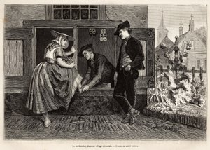 Um sapateiro de uma aldeia da Zelândia, faz uma jovem experimentar um sapato acompanhado por um jovem, gravando após o desenho de Adolf Dillens, ilustrando uma viagem a Zelande (Neerlande), em 1873, de Charles de Coster, publicado em "Le tour du monde" 187