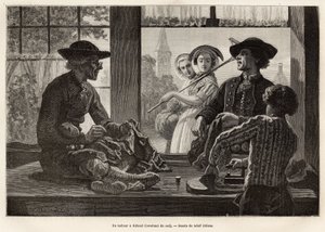 Um alfaiate e seu aprendiz, trabalhando à beira da janela para apreciar a luz e o espetáculo dos transeuntes da rua, em Rilland (Beveland do Sul), gravando após o desenho de Adolf Dillens, ilustrando uma viagem a Zelande (Neerlande), i