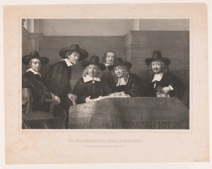 De Staalmeesters: o colégio de mestres de amostra (waardijns) da guilda de fabricantes de tecidos de Amsterdã De Staalmeesters, depois de Rembrandt / Premium plate der Kunstkronijk, XVI Volume (1854) (título no objeto)