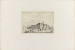 Vista do Beursgebouw em Rotterdam, 1854 Vista do Beursgebouw em Rotterdam (título no objeto) A Sociedade para a Promoção de Toonkunst, seu Festival de Música e a cidade de Roterdã. memória do ano de 1854 (título da série no objeto)