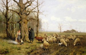 Crianças com Pastor e Ovelha numa Paisagem (óleo sobre tela) de Adolf Ernst Meissner