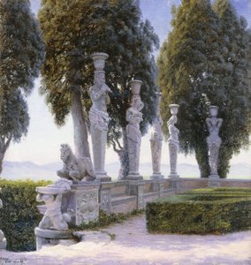 Quadrado com cariátides no terreno da Villa Farnese, Caprarola; Piazzale delle Cariatidi no parque do Palazzo Farnese em Caprarola de Adolf Heinrich Hansen
