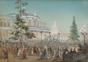 ""Celebração do 25º Aniversário da Ferrovia Tsarskoe Selo na Sala de Concertos da Estação Ferroviária de Pavlovsk"" por Adolf Charlemagne (1826-1901), Guache em papelão