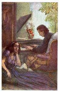 Músico e compositor, Frederic Chopin, com George Sand de Adolf Karpellus (cor litho) de Adolf Karpellus